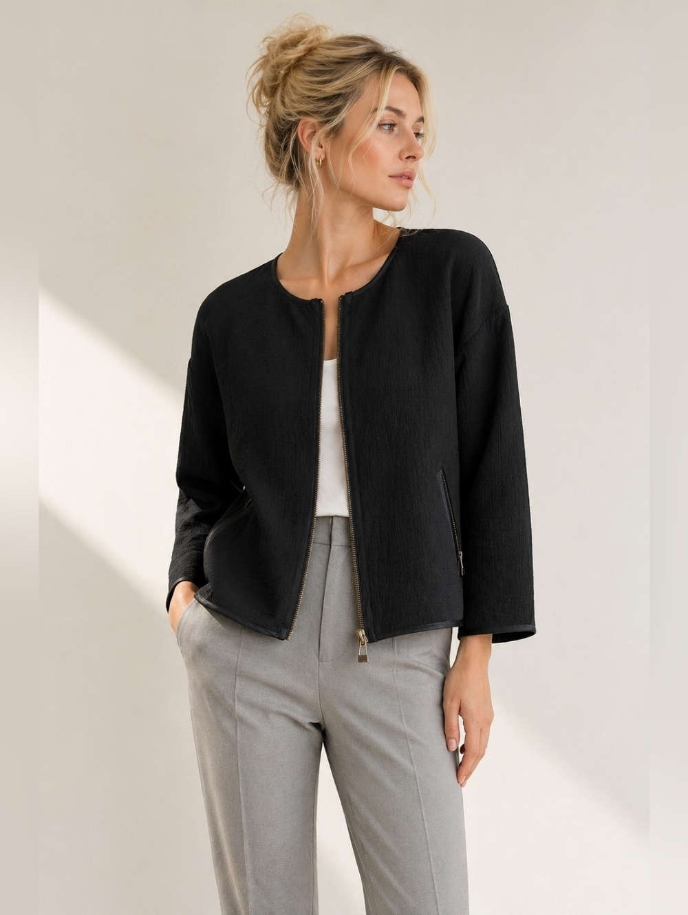 Eileen Fisher Silk Blend Textured Zip Jacket Boxy Cropped M